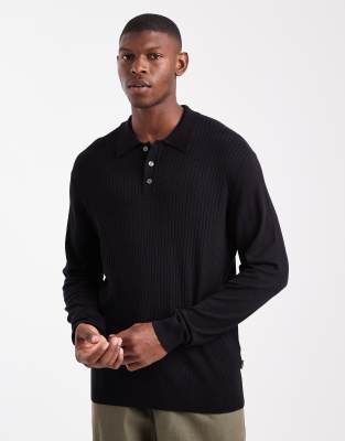 Jack & Jones Ribbed Polo Shirt In Black