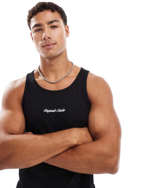 Jack & Jones ribbed tank top with embroidery in black - view 1