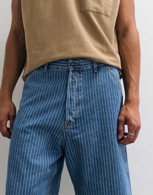 Jack & Jones Ron baggy stripe denim shorts in mid blue, 4 of 5