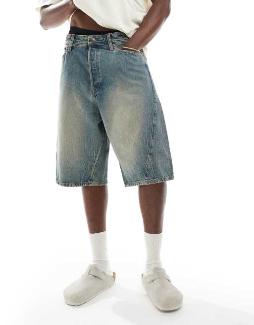 Jack & Jones Ron denim jorts with seam detail in mid blue, 2 of 5