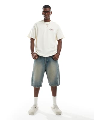 Ron denim shorts with seam detailing in mid blue