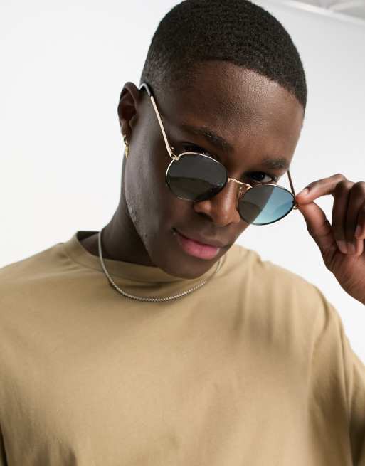 Jack Jones round sunglasses with green tint lens in gold ASOS