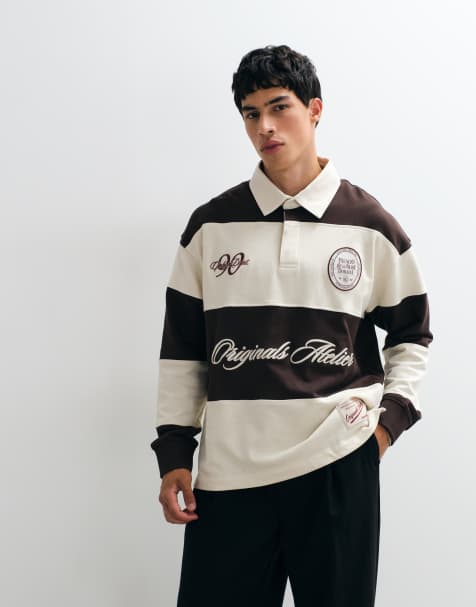 Jack & Jones rugbytop med broderede striber i brun og råhvid - view 1