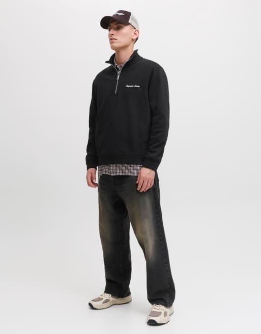 Jack & Jones - Ruimvallend sweatshirt met kwart rits in zwart, 3 van 5