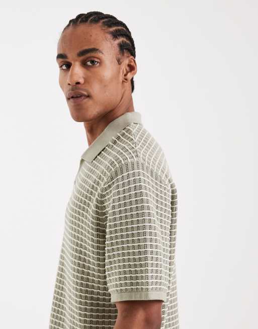 Jack & Jones – Salviagrön, randig, stickad pikétröja med sprund vid halsen, 4 av 5