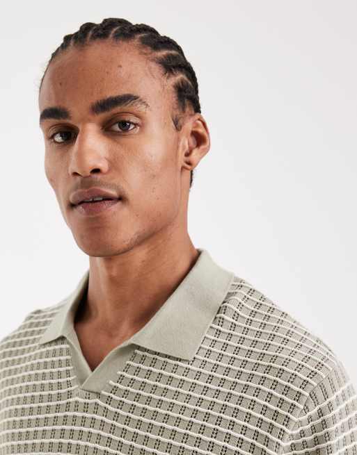 Jack & Jones – Salviagrön, randig, stickad pikétröja med sprund vid halsen, 5 av 5