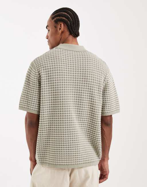 Jack & Jones - Salviegrøn strikket poloskjorte med halshak og striber, 3 af 5