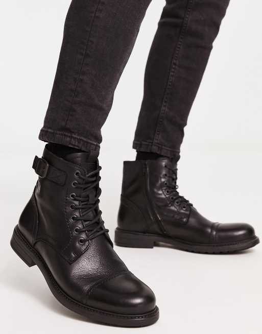 Jack & Jones Schnürstiefel aus Leder in Schwarz mit seitlichem Reißverschluss ASOS