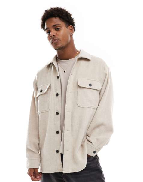 Jack & Jones – Schwere Hemdjacke in Beige aus gebürstetem Twill - view 1