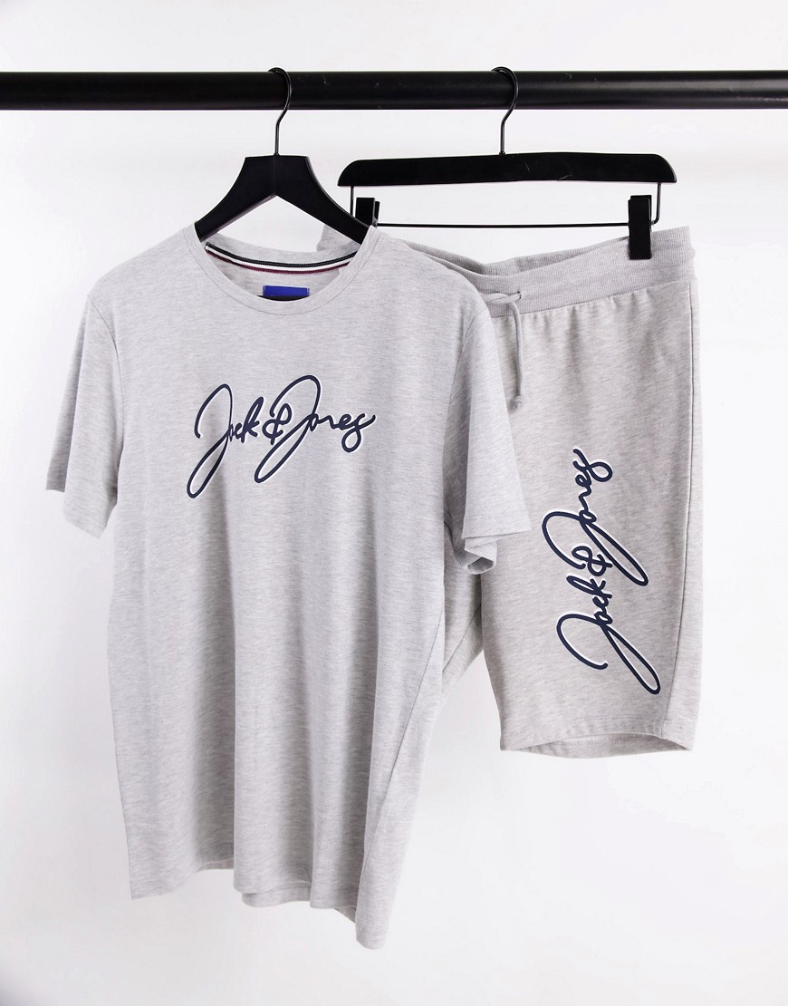 Jack & Jones script t-shirt and short set in gray-Grey