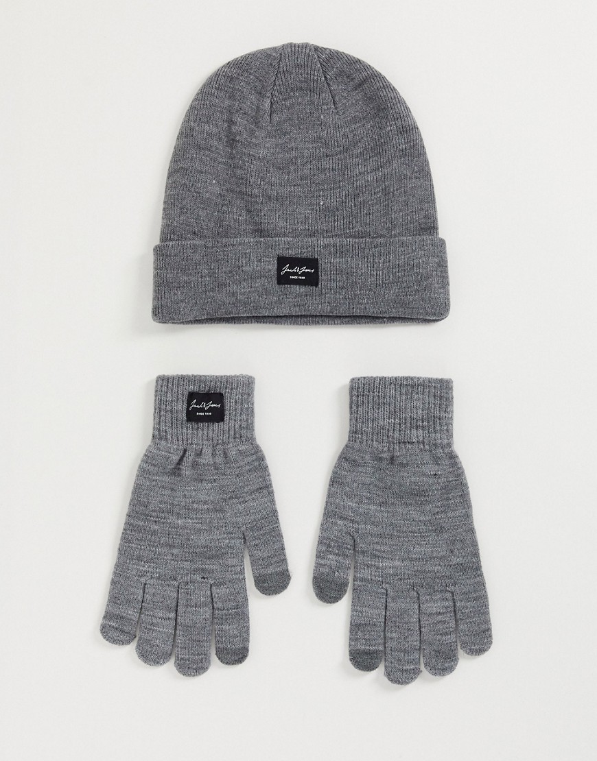 Jack & Jones – Set aus Mütze und Handschuhe in Grau