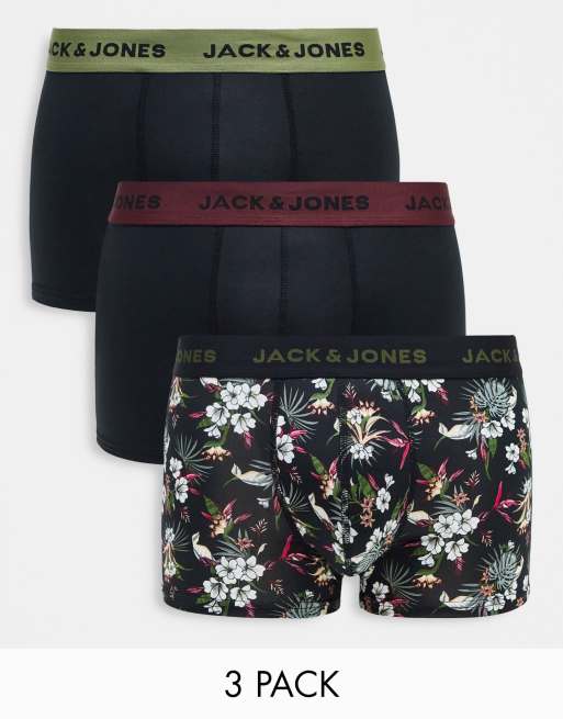 Jack & Jones - Set van 3 boxershorts met bloemenprint in zwart 