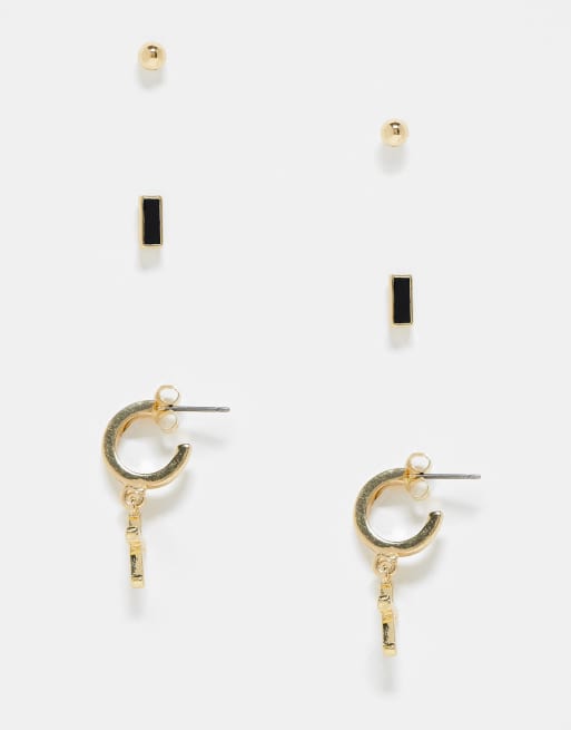 Jack & Jones - Set van 3 gouden, vierkante oorknopjes en kleine oorringen met kruisje van imitatiegoud