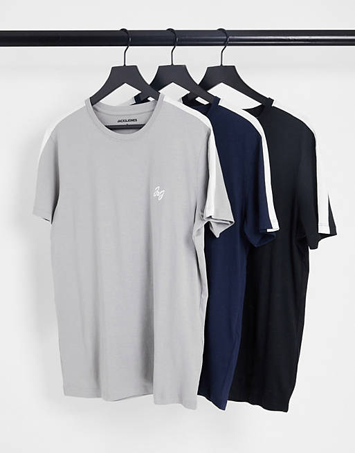 Jack & Jones - Set van 3 T-shirts met bies in zwart, marineblauw en grijs