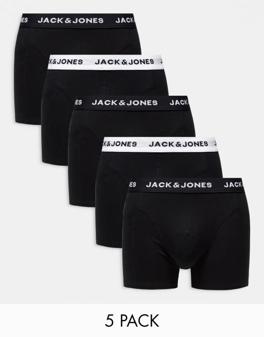 Jack & Jones - Set van 5 boxershorts in zwart met zwart-witte tailleband