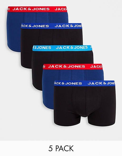 Jack & Jones - Set van 5 boxershorts met contrasterende tailleband in zwart en blauw