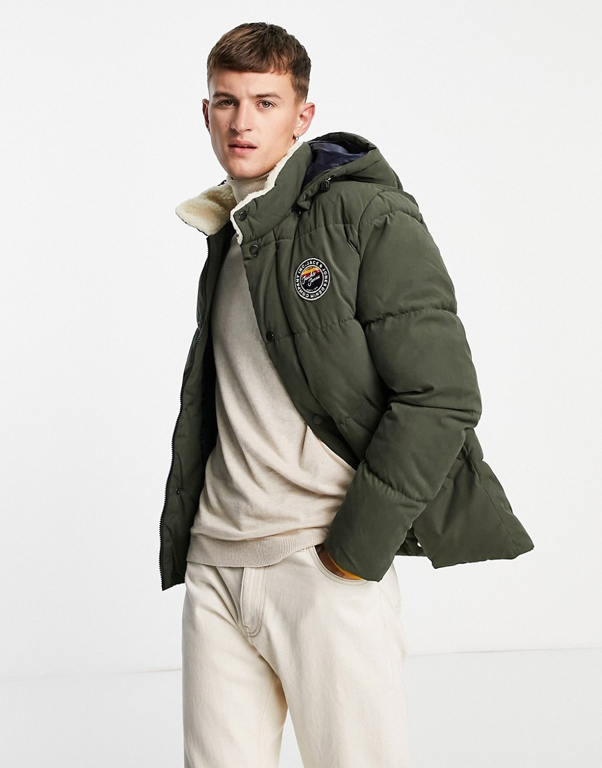 Jack & Jones sherpa collar puffer jacket with hood in khaki-Green