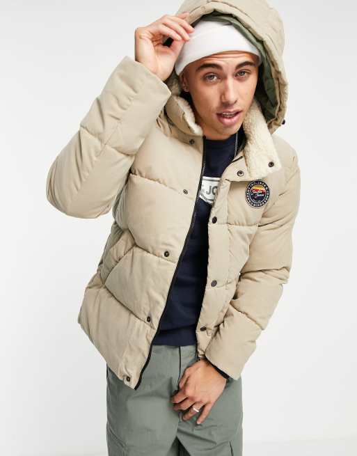 Jack & Jones sherpa collar puffer jacket with hood in stone