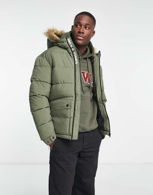 Jack Jones short bomber jacket with faux fur hood in dusty green