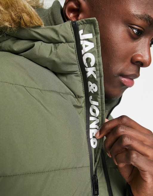 Jack Jones short bomber jacket with faux fur hood in dusty green