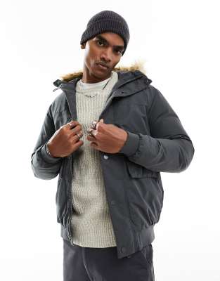 Jack & Jones short parka with faux fur hood in charcoal