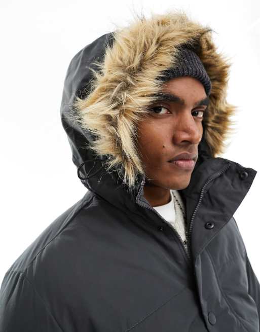 Jack Jones short parka with faux fur hood in charcoal ASOS