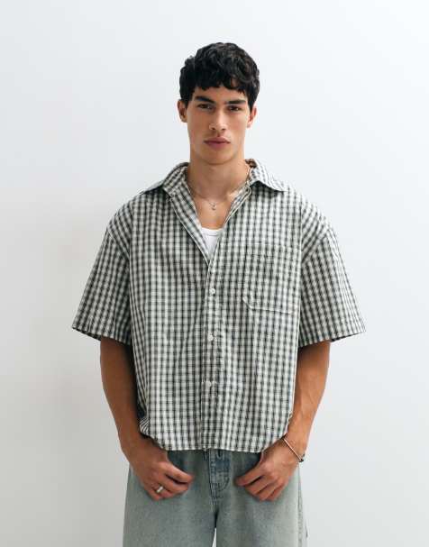 Jack & Jones short sleeve boxy shirt in green micro check - view 1