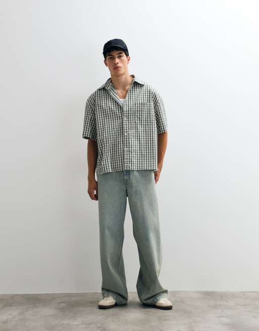 Jack & Jones short sleeve boxy shirt in green micro check, 2 of 5