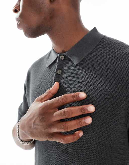 Jack & Jones short sleeve knitted polo in dark grey, 4 of 4