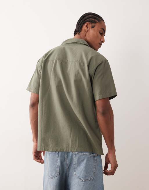 Jack & Jones short sleeve linen blend shirt in dark green, 4 of 5