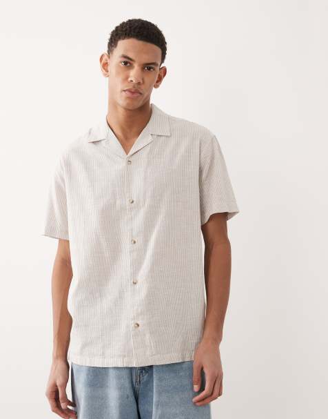 Jack & Jones short sleeve linen blend stripe shirt in beige - view 1