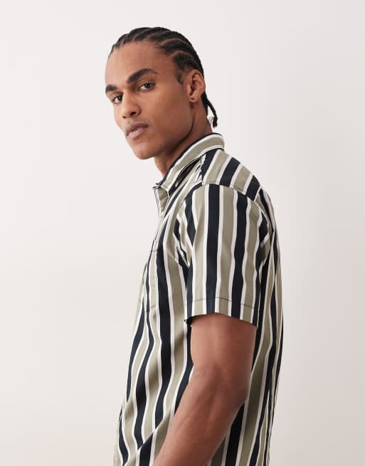 Jack & Jones short sleeve slim shirt in khaki and black stripe, 3 of 5