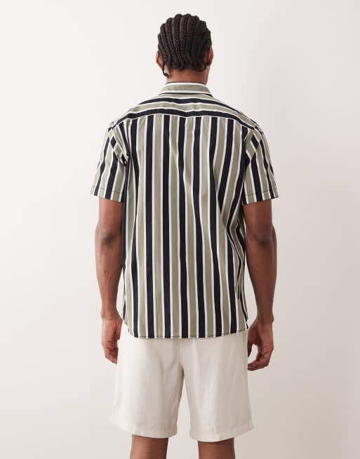 Jack & Jones short sleeve slim shirt in khaki and black stripe, 4 of 5