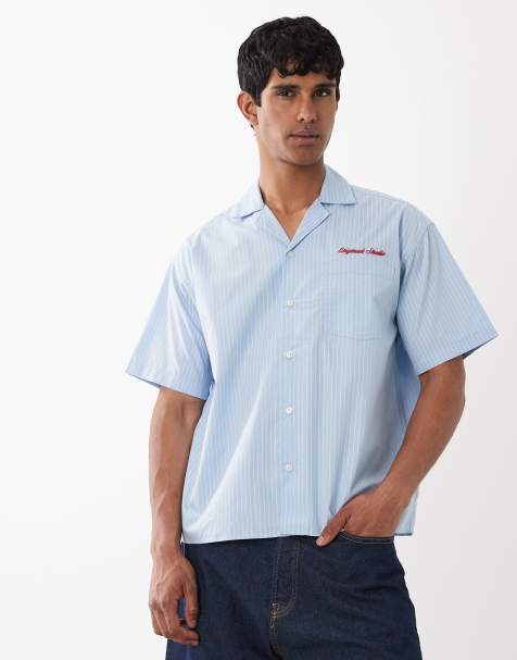 Jack & Jones short sleeve stripe poplin shirt with embroidery in blue - view 1