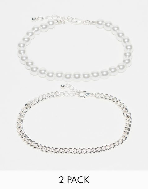 Jack & Jones – Silverpläterade armband med kedja och pärlor, 2-pack - view 1