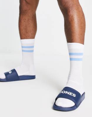 Sliders blu con fascette con logo-Blu navy - Jack&Jones infradito uomo Blu navy
