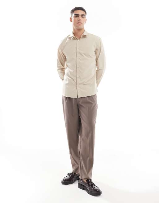 beige slim fit dress shirt Beige Slim Fit Zippers Polo T-Shirt for Men by GentWith L main image 0