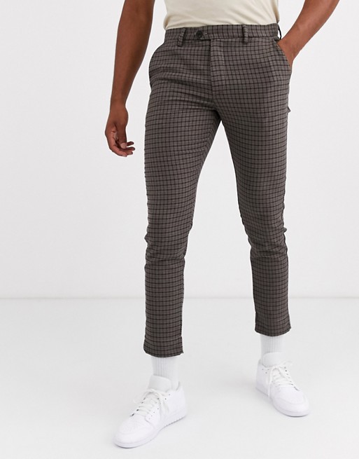 Jack & Jones slim fit stretch check trousers in brown
