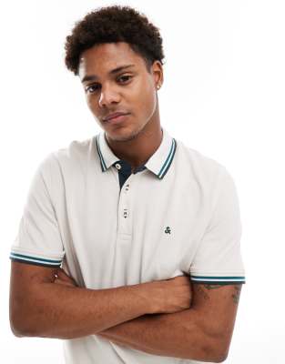 Jack & Jones slim fit tipped pique logo polo in beige-Neutral