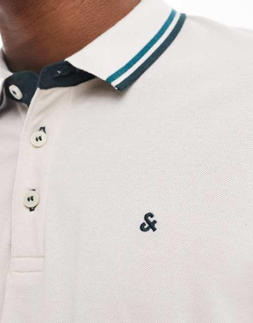 Jack & Jones slim fit tipped pique logo polo in beige , 3 of 4