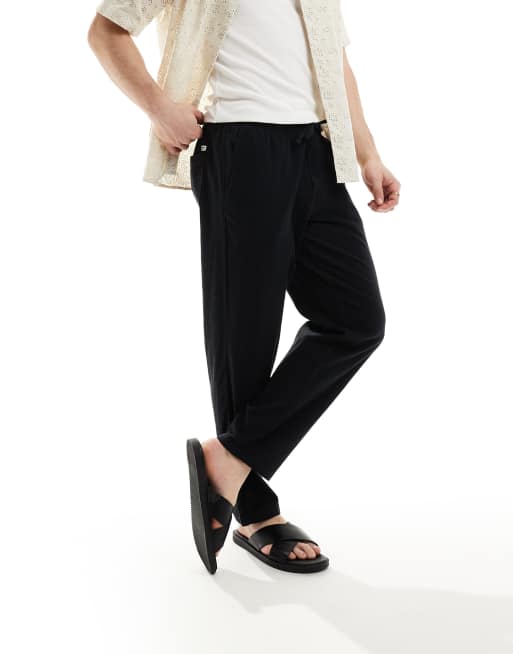 Jack & Jones slim tapered drawstring linen pants in black