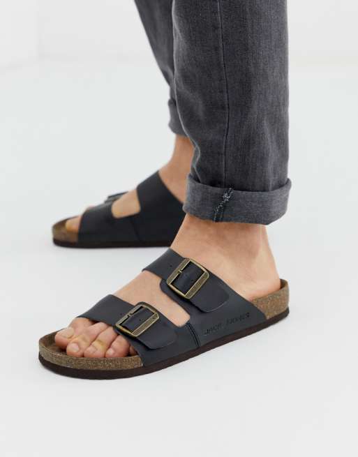 Jack & Jones slip on sandals with Leather buckled straps in black | ASOS