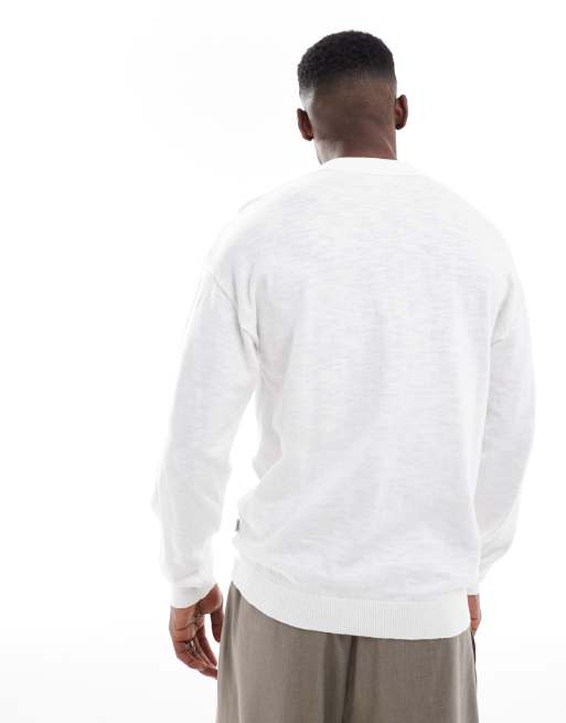 Jack & Jones slub long sleeved knitted polo in white