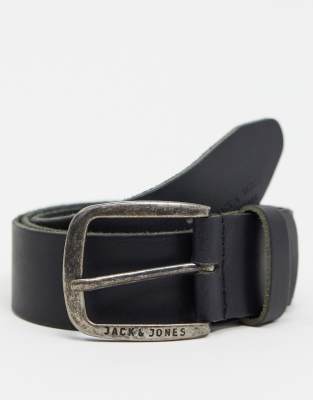 Jack & Jones Smooth Leather Belt With Logo Buckle In Black