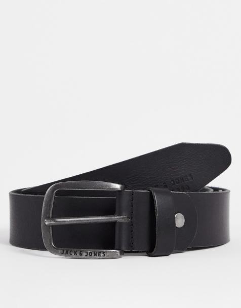 Jack & Jones smooth leather belt with logo buckle in black - view 1