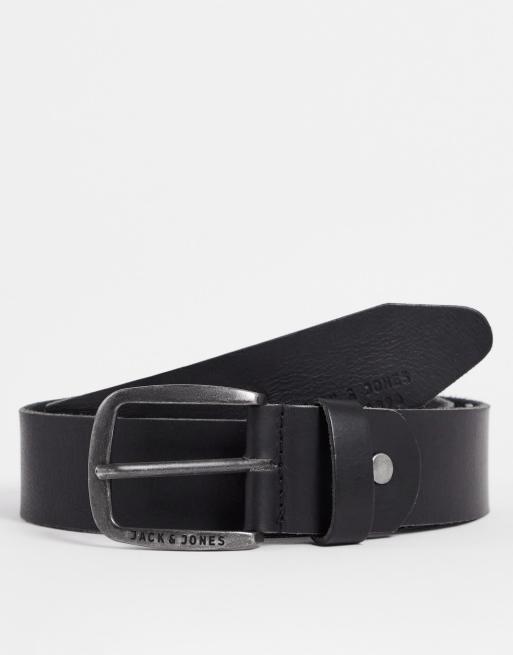 Jack & Jones smooth leather belt with logo buckle in black | ASOS