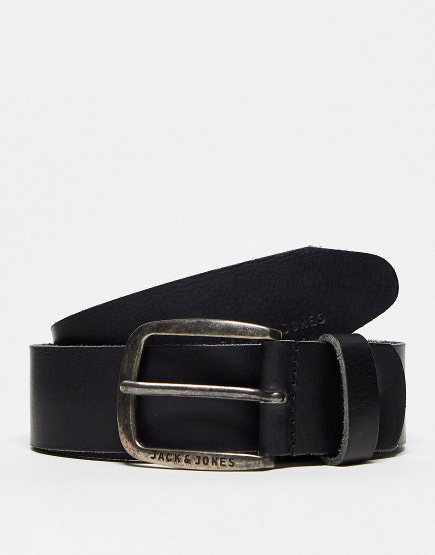 Jack & Jones Smooth Leather Belt With Logo Buckle In Black