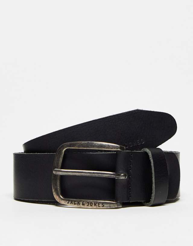 Jack & Jones smooth leather belt with logo buckle in black