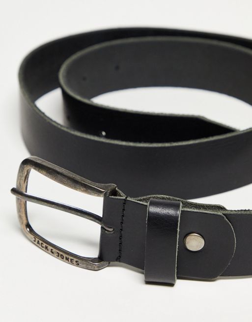 Jack & Jones Smooth Leather Belt with Logo Buckle in Black