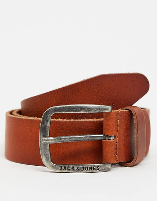 Jack & Jones smooth leather belt with logo buckle in brown